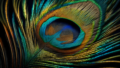 Obraz premium Close-Up of Vibrant Peacock Feather with Iridescent Colors, Close-up of a vibrant peacock feather showcasing iridescent colors and intricate patterns.