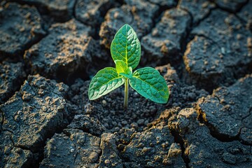 Green plant emerges from dry, cracked earth, impact of CO2 absorption on the environment.