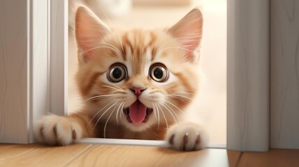 An adorable orange kitten with wide eyes and an open mouth is peeking through a door. The kitten's paws are on the floor, and its tail is sticking out behind it.