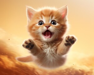 Fototapeta premium A cute kitten is flying through the air with its paws outstretched. The kitten is surrounded by a soft, warm light.