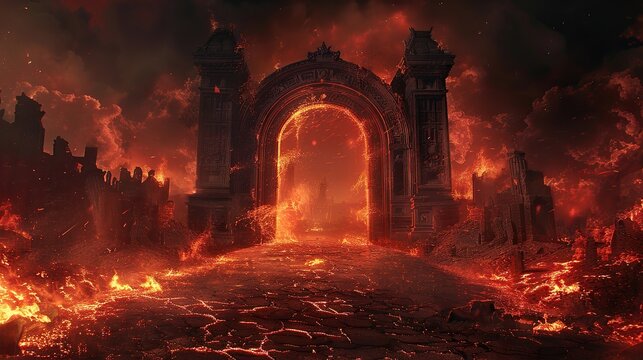 Gate to hell with flames and molten lava