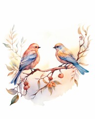 Beautiful watercolor painting of two birds perched on a branch with delicate leaves and flowers, showcasing nature's tranquility.