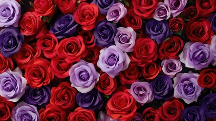 Beautiful red and purple roses background. Top view. Flat lay,Beautiful big bouquet of red roses and the color for the background