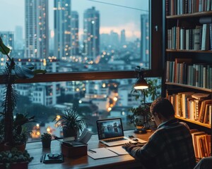 Remote work setup with a sophisticated home office, person typing on a laptop,