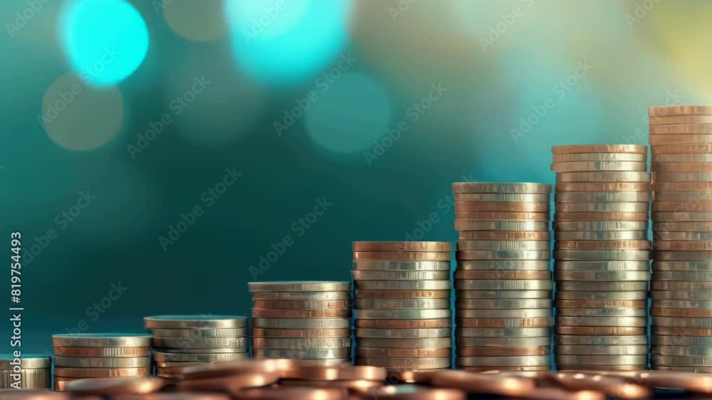 Poster a stack of coins with a blue background. the coins are of different sizes and colors. concept of wea