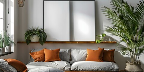 Stylish Scandinavian Living Room with Brown Bamboo Shelf Mockup Frame and Plants. Concept...