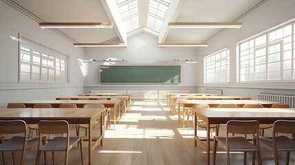 3D rendering of an empty school classroom with tables and chairs arranged neatly in front of a blackboard