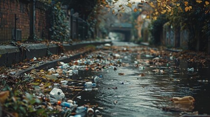 Fototapeta premium Documentary photography capturing the impact of plastic rubbish on urban and natural landscapes, focusing on littered streets and polluted rivers to raise environmental awareness