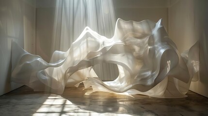 Documentary photography capturing abstract art installations in various environments, focusing on the interaction of light, shadow, and form to evoke emotion