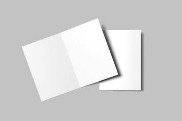 Blank opened and covered A4 bifold brochure mock-up  with a soft grey background