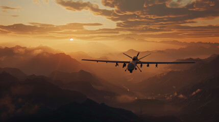 A stylish military combat drone flies over a mountain range at sunset. The sky is overcast, and the sun is setting in the distance