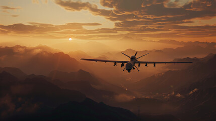 A stylish military combat drone flies over a mountain range at sunset. The sky is overcast, and the...