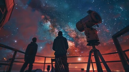 Documentary-style photography of an observatory capturing astronomers at work, exploring the deep mysteries of outer space, with detailed shots of telescopes and star maps