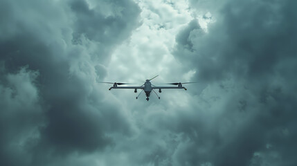 A professional military drone is flying in a cloudy sky. The sky is dark and gloomy, and the clouds are thick and heavy