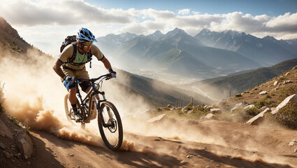 A person is riding a mountain bike down a rocky trail - Powered by Adobe