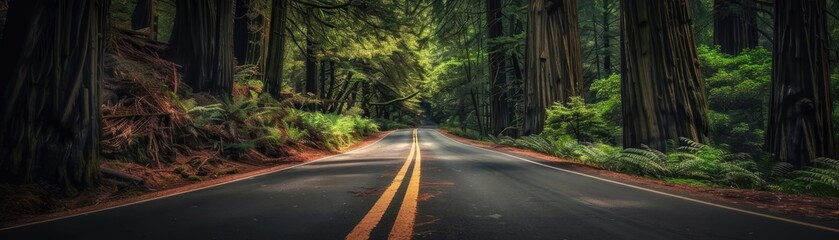 A serene, unpaved road enveloped by the lush greenery of a rainforest, offering a peaceful escape into nature