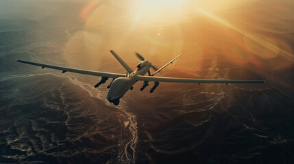 Naklejka premium Aerial view of a combat military drone in the sky at sunset. The concept of technology and power