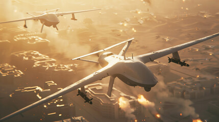 Fototapeta premium A military scene with two combat modern stylish white drones flying over the city. The scene is tense and chaotic