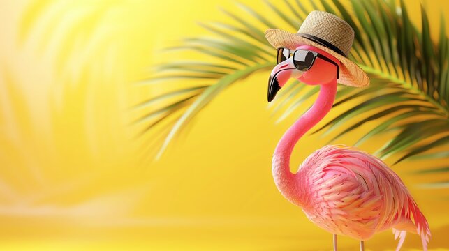 Stylish pink flamingo wearing sunglasses and a straw hat on a sunny day with a palm leaf background, evoking tropical vibes.