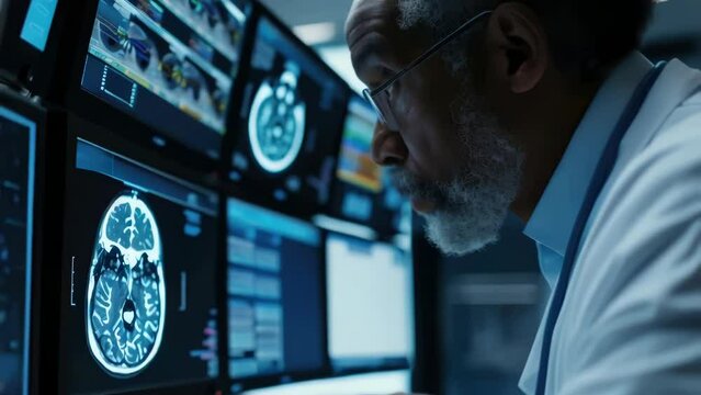 A man is looking at a computer monitor displaying a brain scan. He is wearing a white lab coat and glasses. Concept of focus and concentration as the man studies the scan