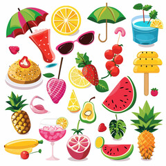 Title: Set of summer elements with fruits and food in flat style

