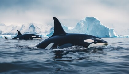 Fototapeta premium Groups of Orcas or killer whales swim and hunt for prey, the top of the food chain in a sea of ​​ice floes