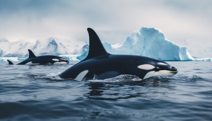 Groups of Orcas or killer whales swim and hunt for prey, the top of the food chain in a sea of ​​ice floes