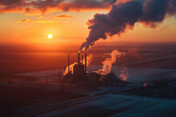 industrial plant in the sunset, aerial view, big factory emitting smoke, steam, open fields around, photorealistic // ai-generated 