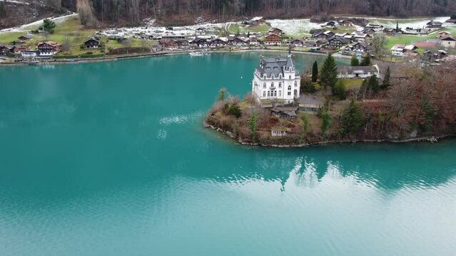 Aerial view of the Iseltwald village on the southern shore of Lake Brienz, Switzerland