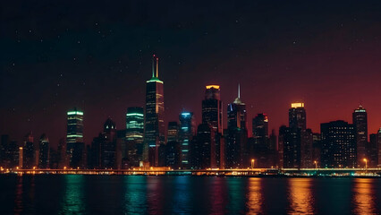 Obraz premium A captivating image featuring a city's skyline under a star-filled night sky, illuminated by urban lights