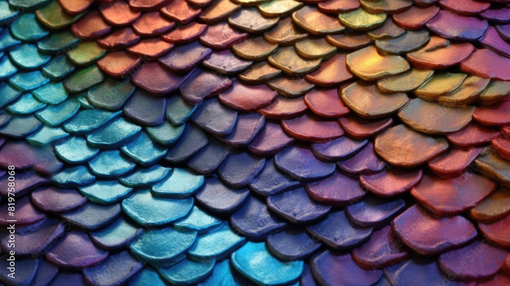 Poster iridescent scales texture with vibrant colors. shiny metallic scale with colorful multicolored vibra