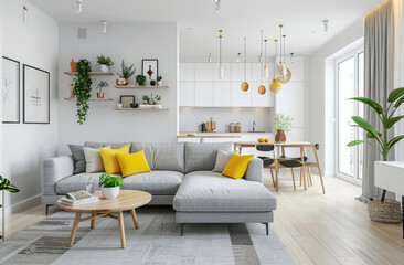 an elegant living room with a grey sofa, yellow pillows and a table in front, a wooden dining set near the window, white walls, minimal interior design