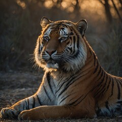 A tiger grooming itself meticulously in the soft glow of twilight.

