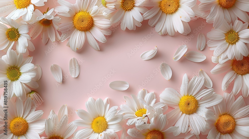 Aufkleber an elegantly simple frame composed of empty petals from white daisy chamomile flowers, arranged on a