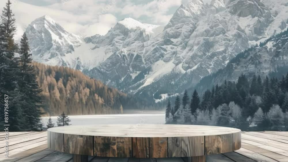 Poster a large wooden table sits in front of a snowy mountain range. the table is empty, but it is surround