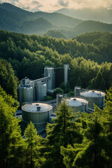 industrial tanks for production in a forest, green energy, silver silos for liquid food waste melting into one tank, green trees around and mountains behind, aerial view, daylight, photorealistic // a