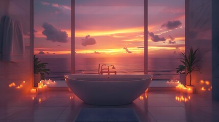 Luxury Seaside Bathroom with Breathtaking Sunset View and Romantic Candlelit Ambiance