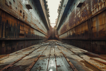 industrial canal in an empty hughe ship building dock, abandoned, rusty metal and concrete, wooden planks with visible cracks, ground level shot, photorealistic // ai-generated 