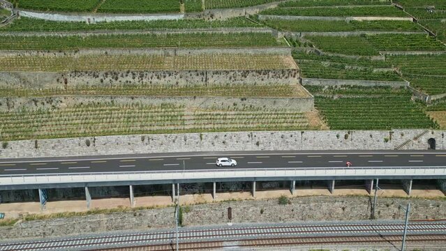 Drone shot of a car driving on a road in Dezaley AOC state park on Lake Geneva, Switzerland