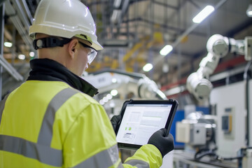 A professional worker, wears a safety helmet and vest, in an industrial setting holds a digital tablet and operates robotic arms. Shallow depth of field