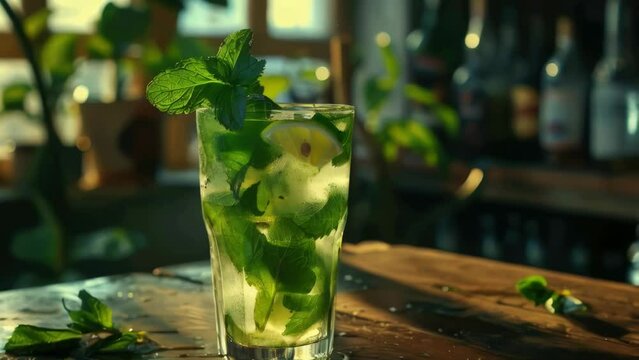 A glass of green drink with a sprig of mint on top. The drink is on a wooden table