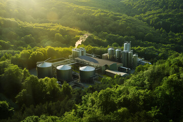 industry facility, energy production, renewables, large silos, natural gas, modern machinery, surrounded by trees and wildlife, fuel transformation, aerial view at daylight, photorealistic // ai-gener