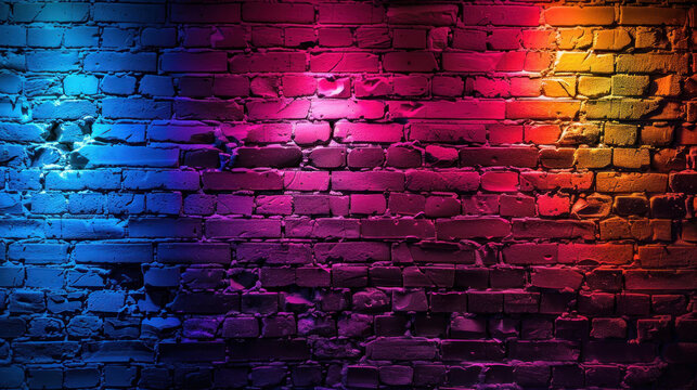 Old brick wall, neon colorful design for wallpaper background illustration, Empty Scene Neon Light Background