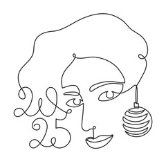 2025 and woman one line art, hand drawn  lady figure continuous contour.Holiday concept,festive female celebrating.New year handwriting text, linear style, minimalist design.Editable stroke.Isolated.
