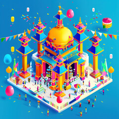 Colorful Festival Celebration at Temple. An isometric illustration of a vibrant temple during a festive celebration with decorations, balloons, and people enjoying the event.