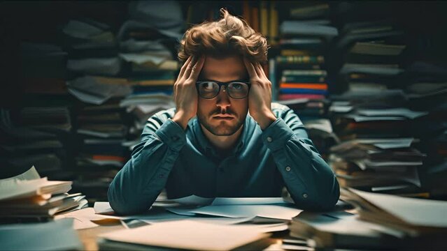 Business man whose desk is full of documents at work , Businessman stressed with stack of paperswork