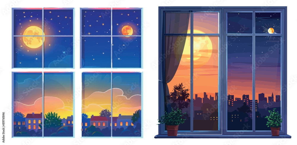 Wall mural Window day night views. Sunny day, night and morning time.