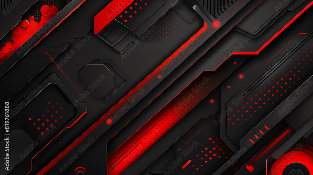 Poster a black and red abstract design with red squares and black squares. the squares are arranged in a wa