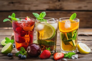 Assorted Fresh Fruit Cocktails with Mint. Generative AI.