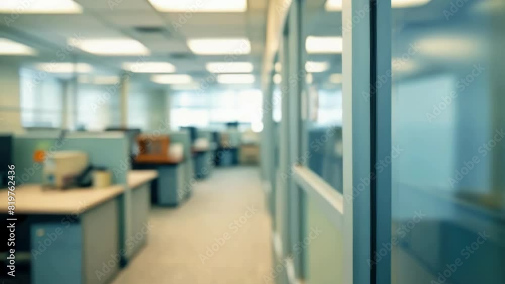 Poster a large open office space with cubicles and desks. the cubicles are mostly empty, with only a few pe